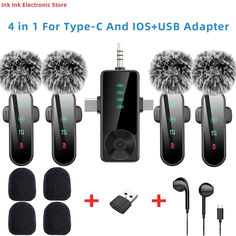 Pink 4 in 1 Lavalier Microphone Noise Cancelling Wireless With Wind Muff Lapel Mic For iPhone Android Camera 4 Pack LED Display