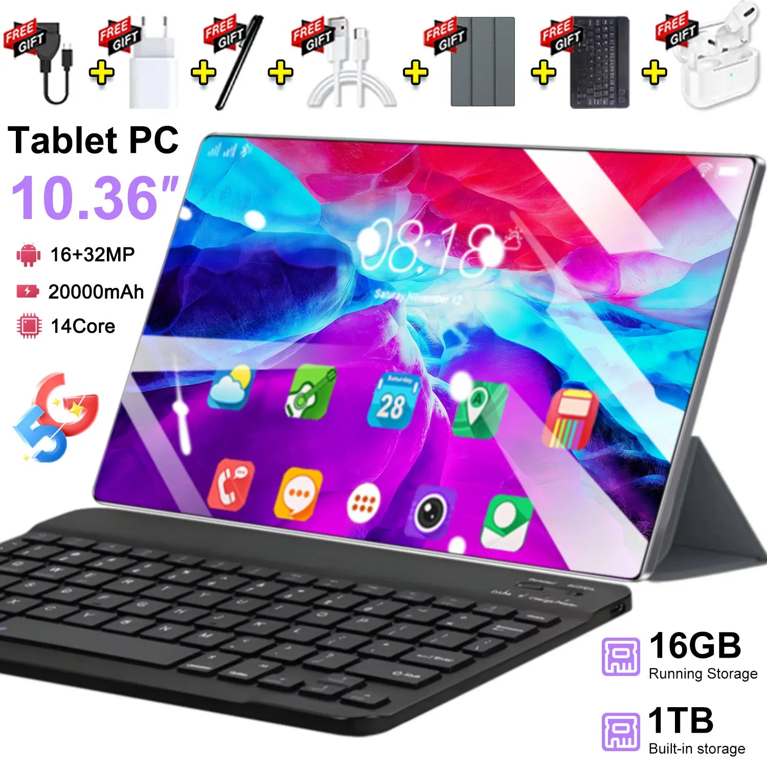 5G 2026 Global New 10.36 inch tablet Android 13 16GB 1TB 20000mAh 4K HD 5G WIFI Bluetooth WPS tablets