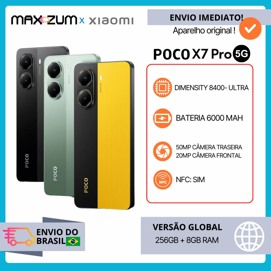Poco X7 PRO 5G 256GB e 8GB RAM, Processador Dimensity 8400-Ultra, Câmera 50MP, Bateria 6000Mah