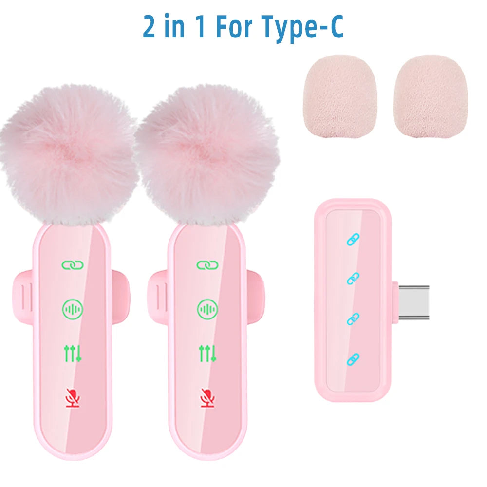 Pink 4 in 1 Lavalier Microphone Noise Cancelling Wireless With Wind Muff Lapel Mic For iPhone Android Camera 4 Pack LED Display