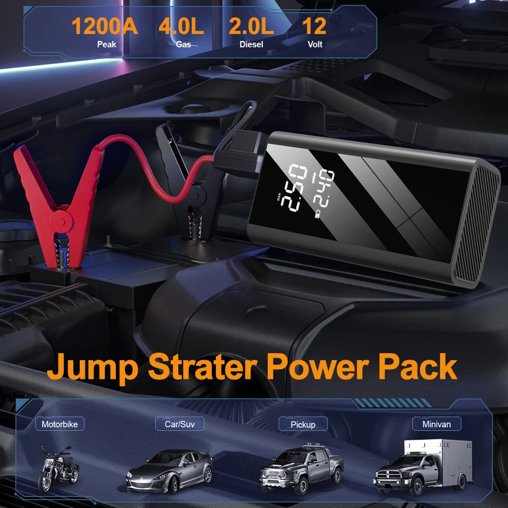 EAFC 1200A Car Jump Starter Power Bank Portable 150PSI Air Pump Car Battery Emergency Boosters Starting Device Car Starter
