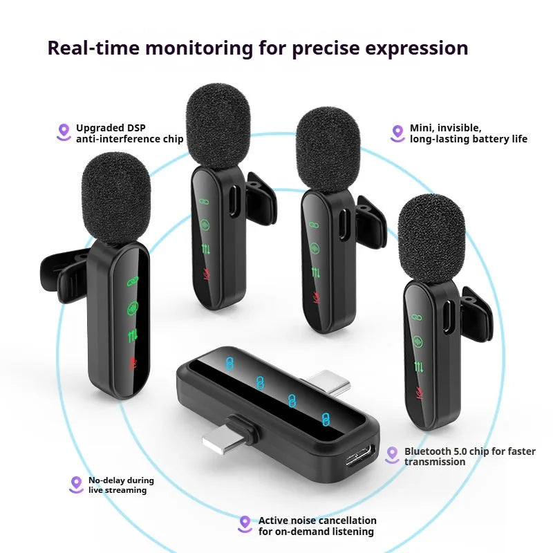 Pink 4 in 1 Lavalier Microphone Noise Cancelling Wireless With Wind Muff Lapel Mic For iPhone Android Camera 4 Pack LED Display