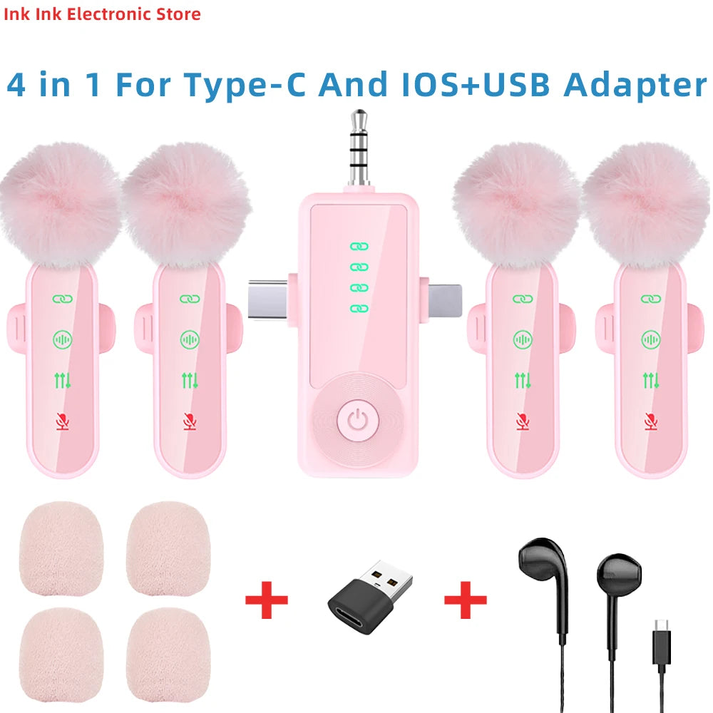 Pink 4 in 1 Lavalier Microphone Noise Cancelling Wireless With Wind Muff Lapel Mic For iPhone Android Camera 4 Pack LED Display