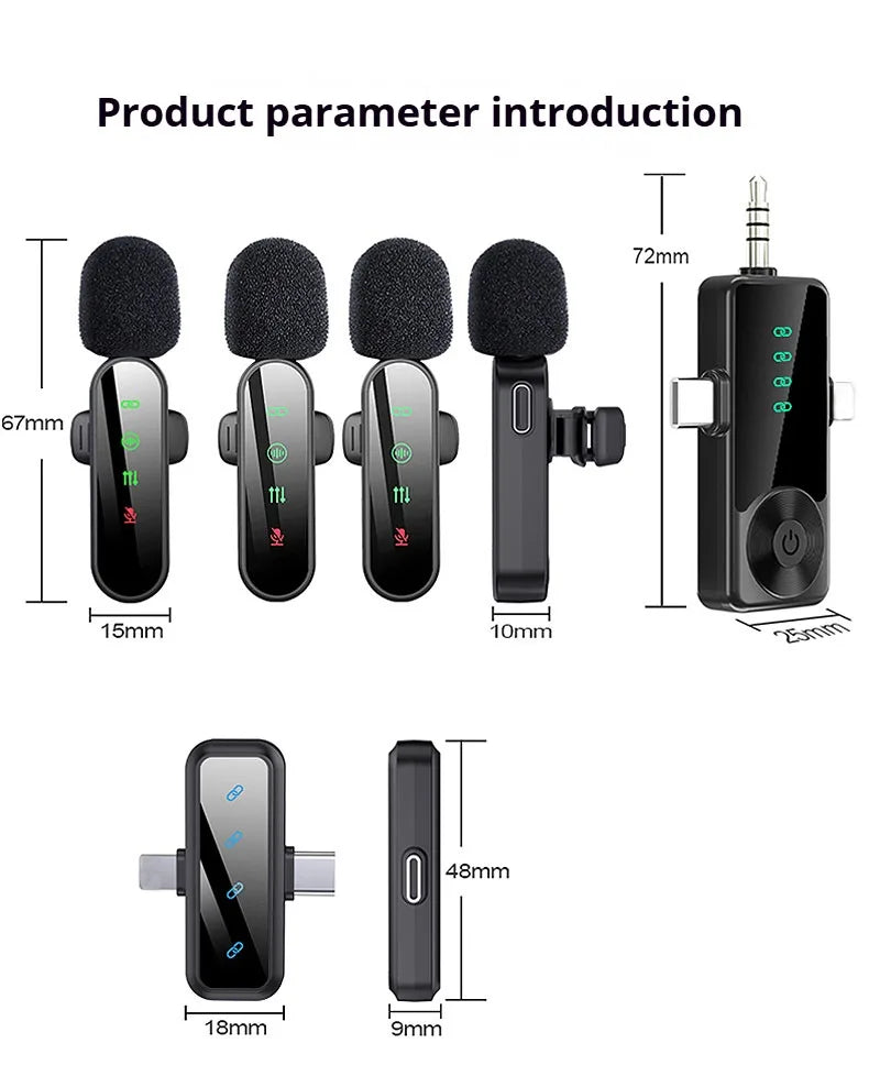 Pink 4 in 1 Lavalier Microphone Noise Cancelling Wireless With Wind Muff Lapel Mic For iPhone Android Camera 4 Pack LED Display