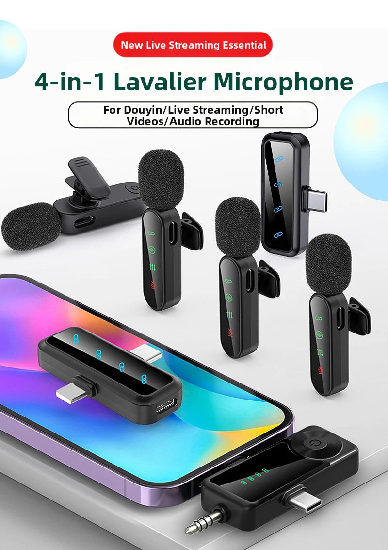 Pink 4 in 1 Lavalier Microphone Noise Cancelling Wireless With Wind Muff Lapel Mic For iPhone Android Camera 4 Pack LED Display
