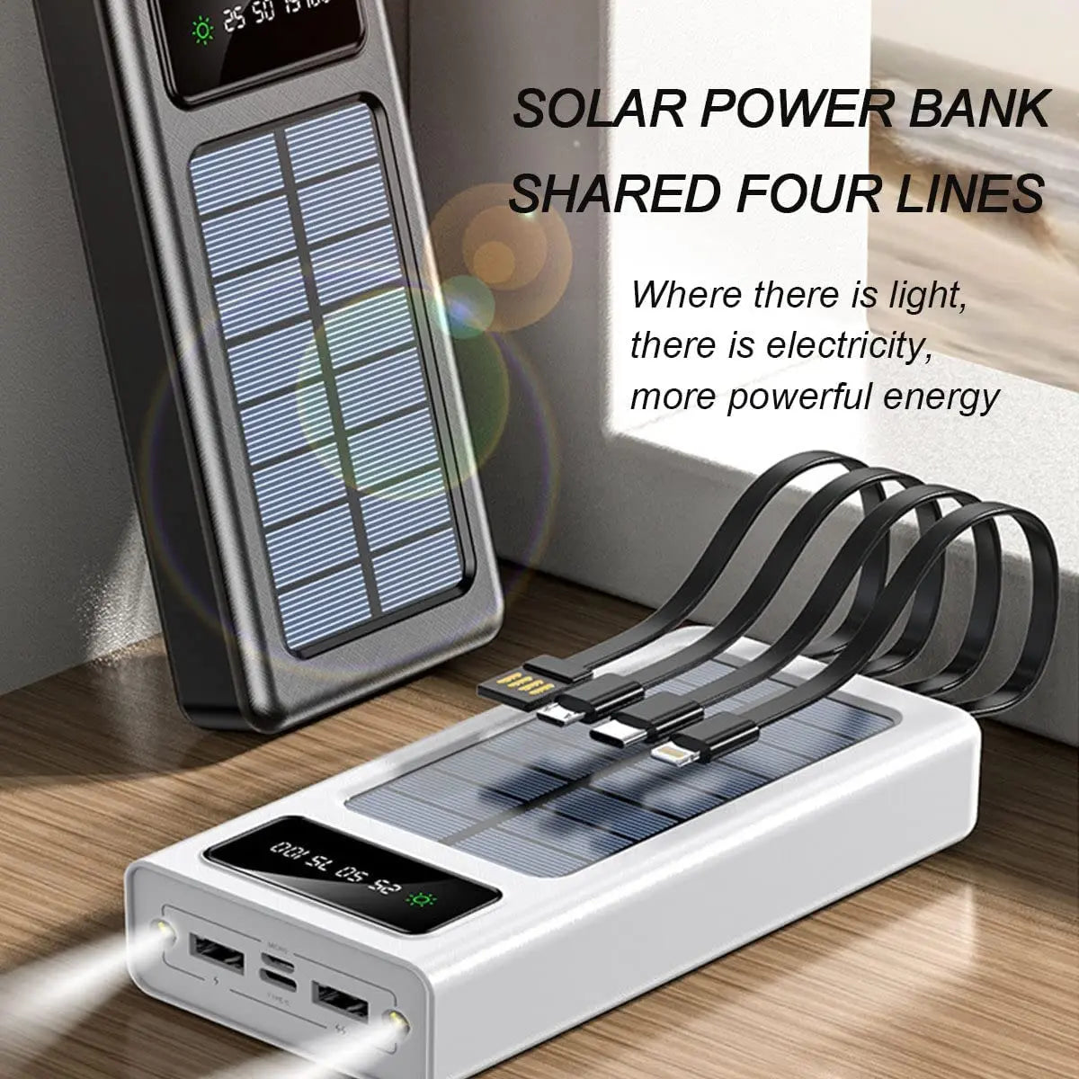 Portable charger solar power bank 12000mah/20000mah large capacity built-in 5 outputs and 3 inputs cable and flashlight compatible with all smartphones and usb devices