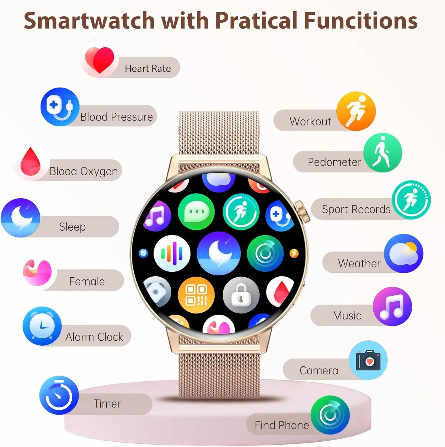 Smartwatch 2025 IP67 Bluetooth for Fitness with Heart Rate Monitoring, Blood Pressure Measurement, Sports Modes, 1.08" HD Touch Screen, Compatible with Android and iOS, Ideal for Women and Men
