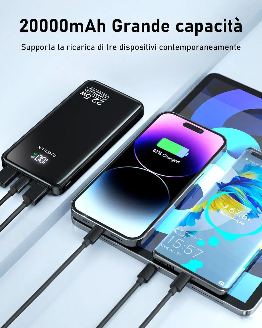 Power Bank 20000mAh, 22.5W PD20W Fast Charging Portable Battery with LED Screen, features 20000mAh capacity, Lithium-Ion technology, and overcharge protection, perfect for charging your mobile devices on the go.