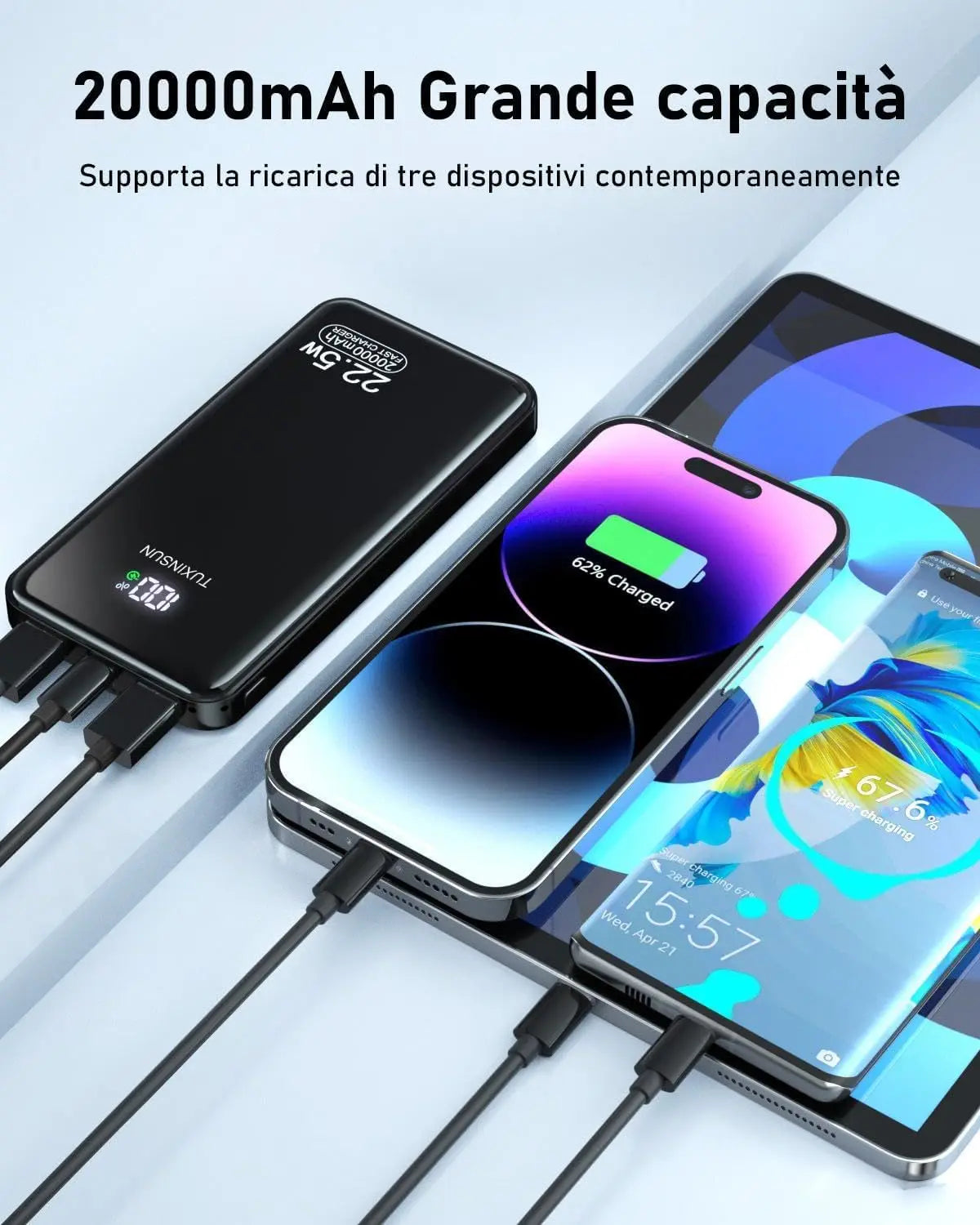 Power Bank 20000mAh, 22.5W PD20W Fast Charging Portable Battery with LED Screen, features 20000mAh capacity, Lithium-Ion technology, and overcharge protection, perfect for charging your mobile devices on the go.