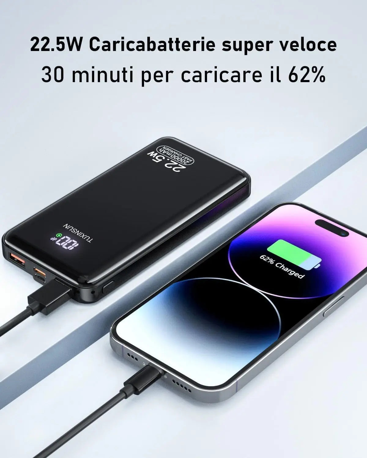 Power Bank 20000mAh, 22.5W PD20W Fast Charging Portable Battery with LED Screen, features 20000mAh capacity, Lithium-Ion technology, and overcharge protection, perfect for charging your mobile devices on the go.