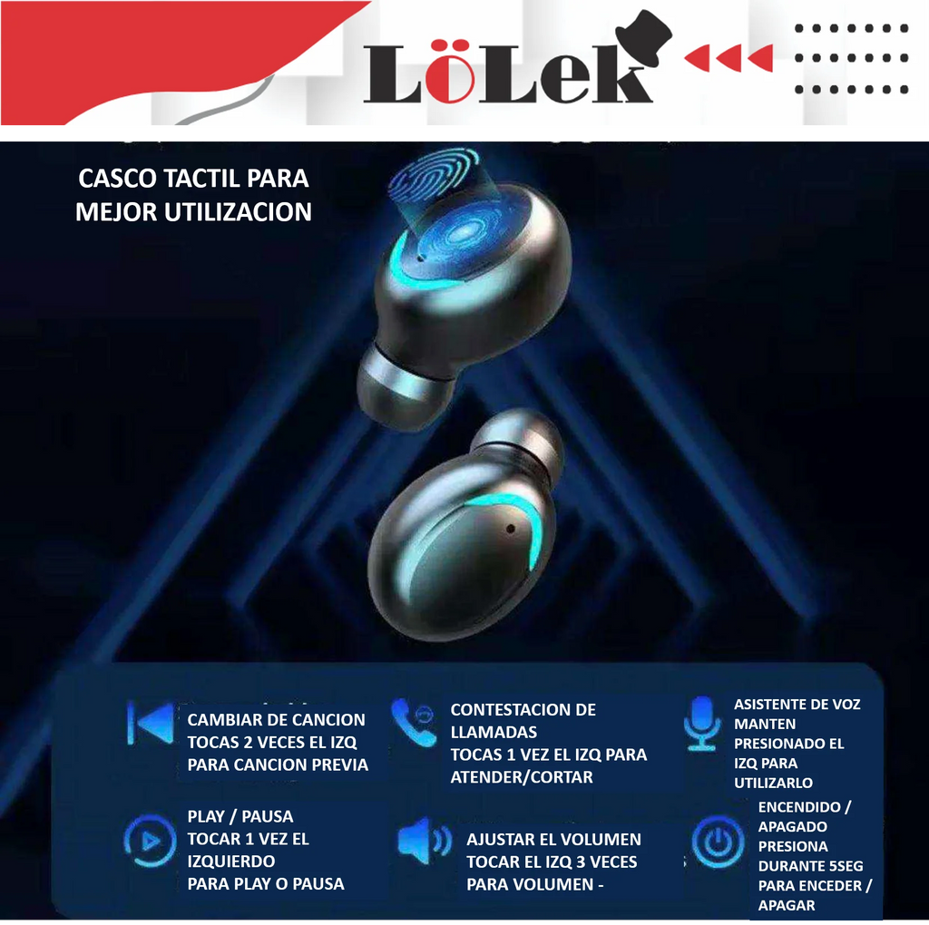 Bluetooth headset with 1500mAh power bank, noise cancellation, and integrated microphone for high-quality sound and 20 hours of use - LoLek wireless Bluetooth headphones perfect for gaming and music.