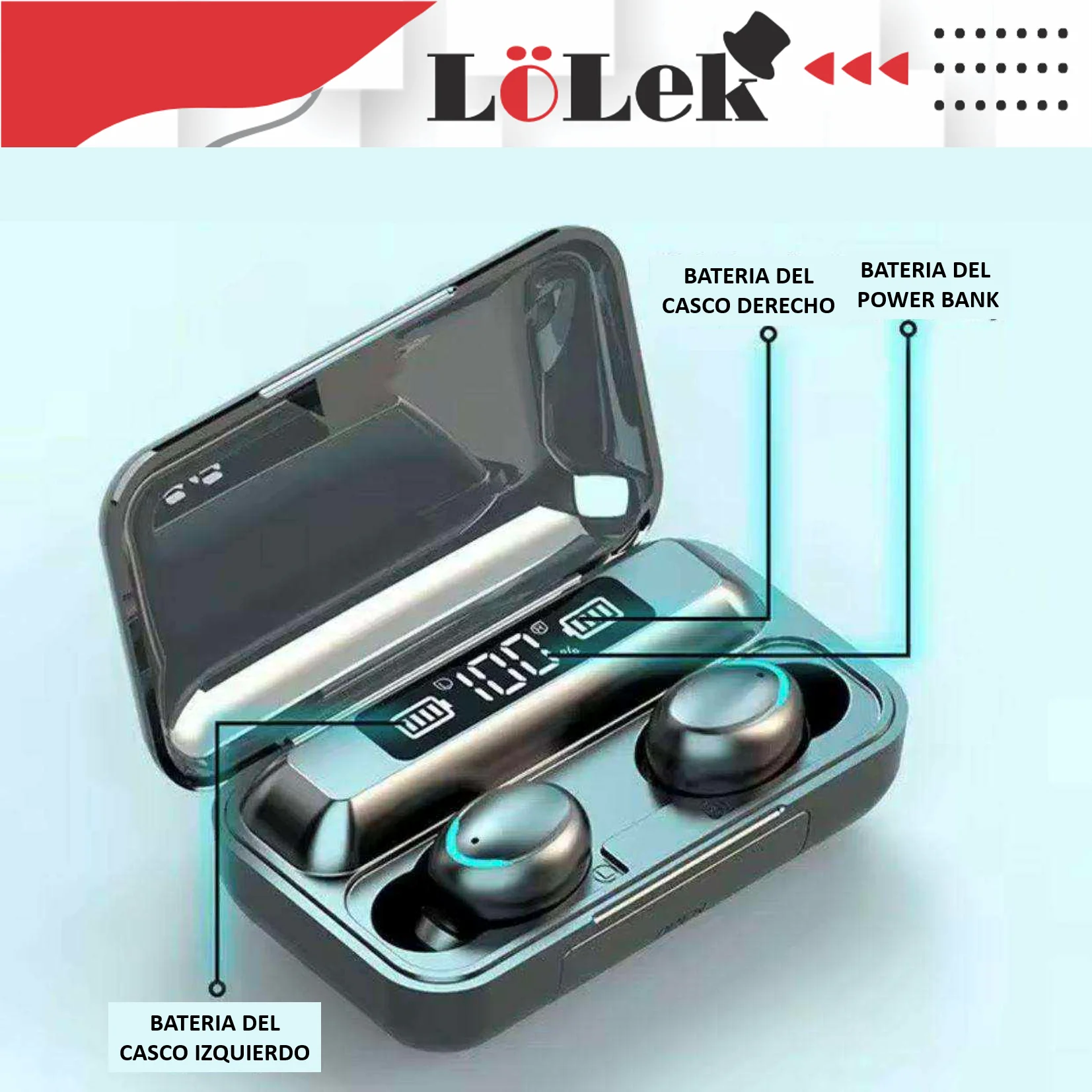 Bluetooth headset with 1500mAh power bank, noise cancellation, and integrated microphone for high-quality sound and 20 hours of use - LoLek wireless Bluetooth headphones perfect for gaming and music.