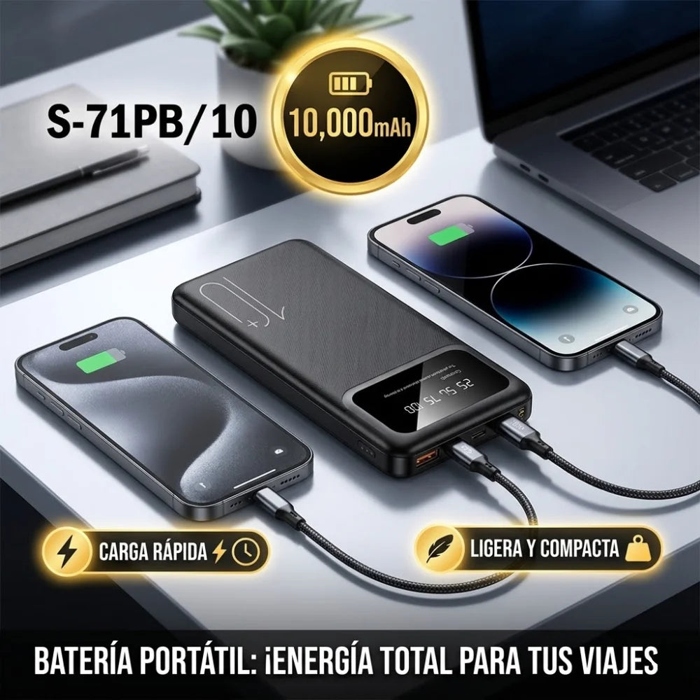SPARK Portable Power Bank 10,000mAh with Fast Charging, 5V Output, Lightweight, Charges 2 Devices Simultaneously, Ideal for Travel and Comes with Type C and USB Ports.