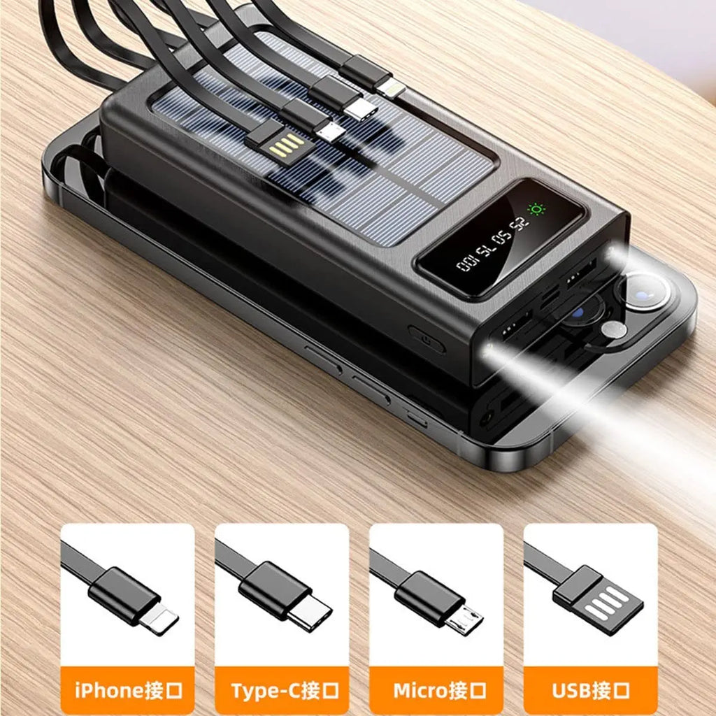 Portable charger solar power bank 12000mah/20000mah large capacity built-in 5 outputs and 3 inputs cable and flashlight compatible with all smartphones and usb devices