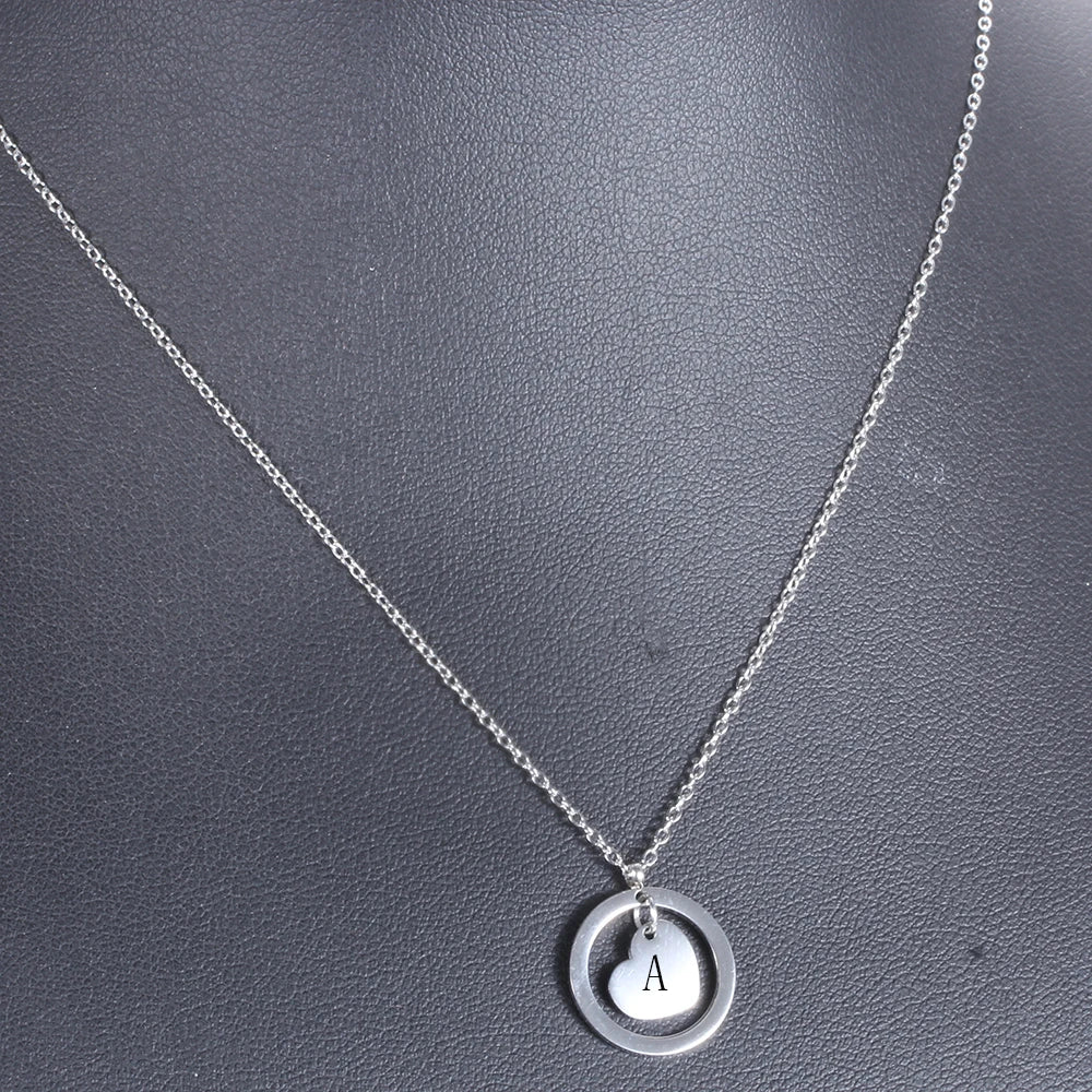 Stainless Steel Heart Initial Necklace Pendant with Black Letter Gift for Women Child Kids Necklace Jewelry