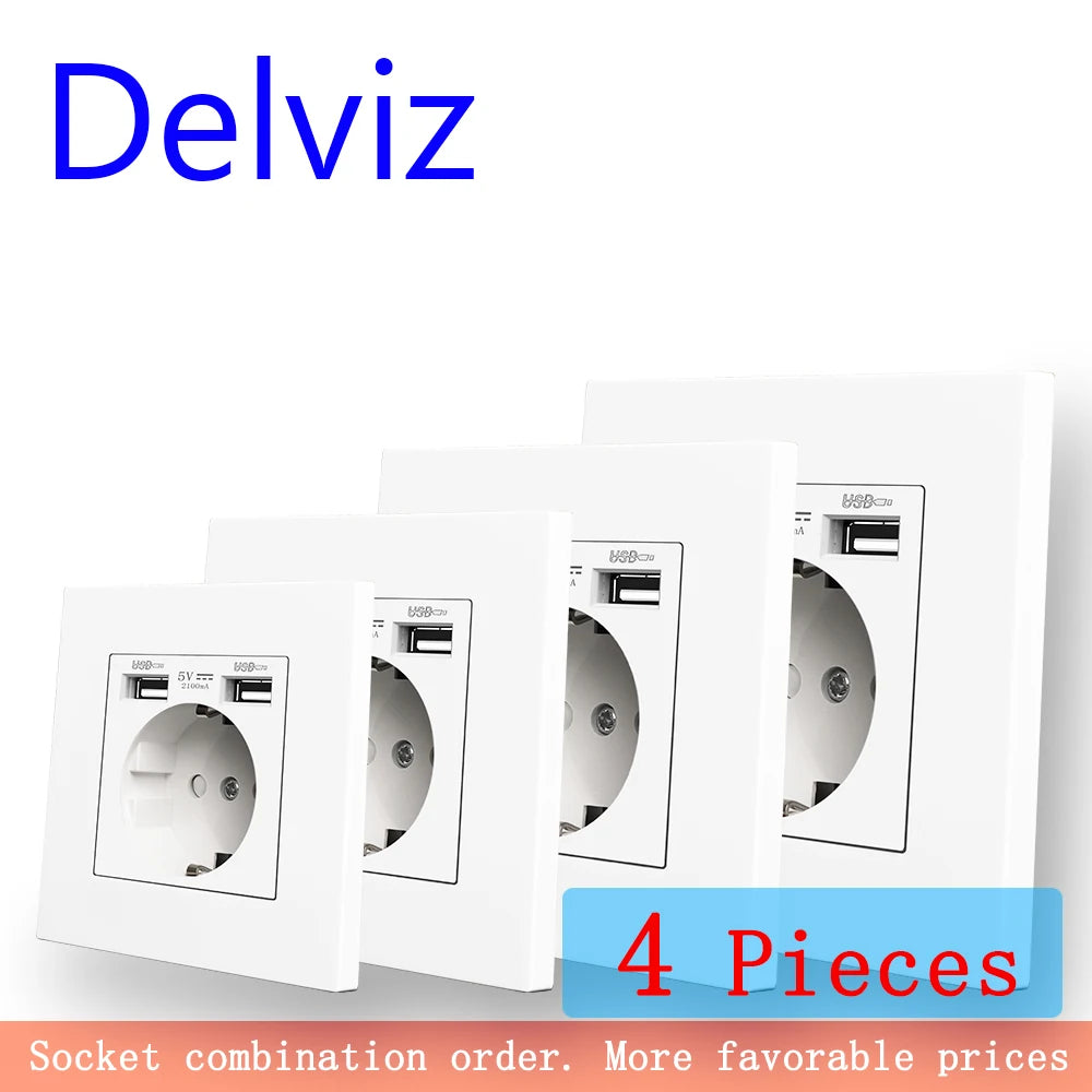 Delviz Dual USB charging Outlet, AC 110~250V Power Jack, White PC material panel, 2A USB interface, 16A EU Standard Wall Socket