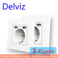 Delviz Dual USB charging Outlet, AC 110~250V Power Jack, White PC material panel, 2A USB interface, 16A EU Standard Wall Socket