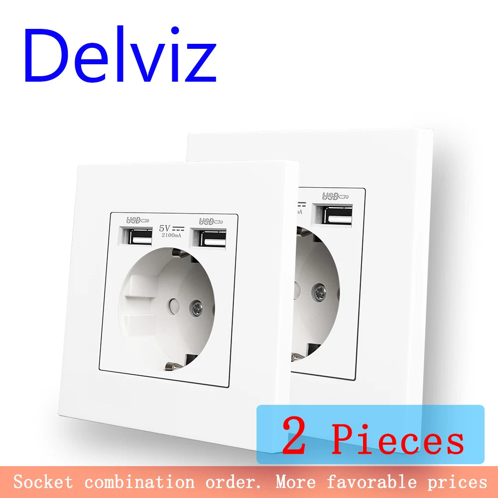 Delviz Dual USB charging Outlet, AC 110~250V Power Jack, White PC material panel, 2A USB interface, 16A EU Standard Wall Socket