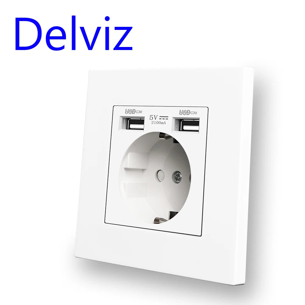 Delviz Dual USB charging Outlet, AC 110~250V Power Jack, White PC material panel, 2A USB interface, 16A EU Standard Wall Socket