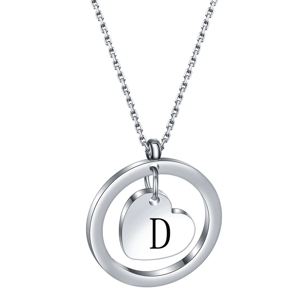 Stainless Steel Heart Initial Necklace Pendant with Black Letter Gift for Women Child Kids Necklace Jewelry