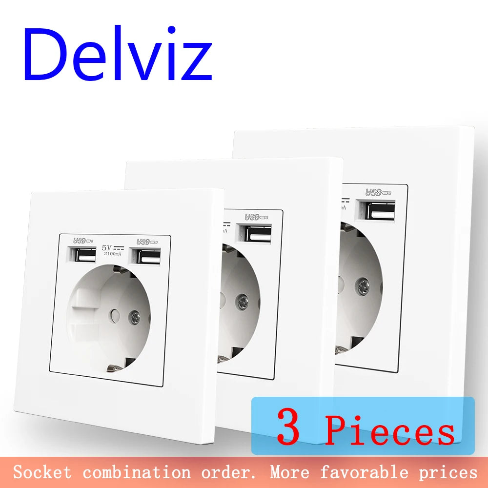 Delviz Dual USB charging Outlet, AC 110~250V Power Jack, White PC material panel, 2A USB interface, 16A EU Standard Wall Socket