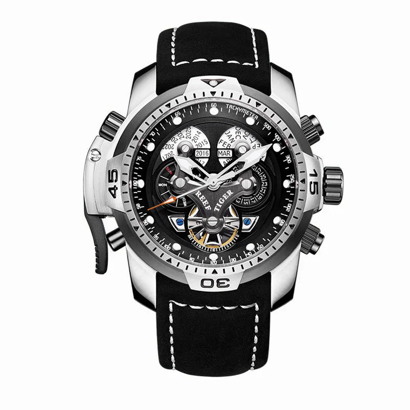 Reef Tiger/RT Luxury Brand Blue Military Watch Men Leather Strap Steel Automatic Watch Waterproof Relogio Masculino RGA3503