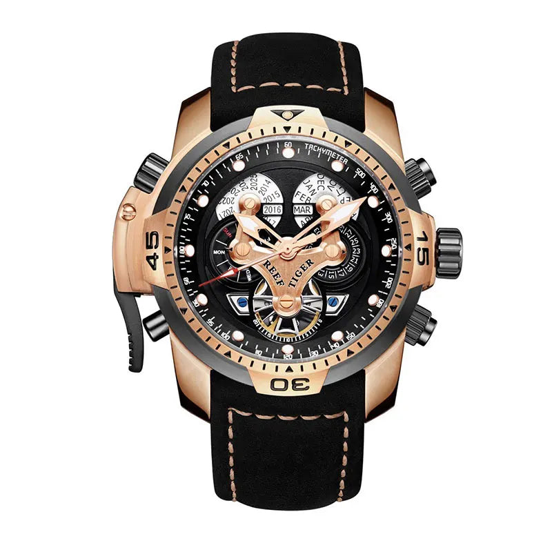 Reef Tiger/RT Luxury Brand Blue Military Watch Men Leather Strap Steel Automatic Watch Waterproof Relogio Masculino RGA3503