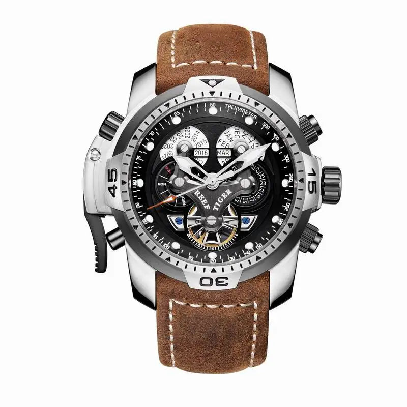 Reef Tiger/RT Luxury Brand Blue Military Watch Men Leather Strap Steel Automatic Watch Waterproof Relogio Masculino RGA3503