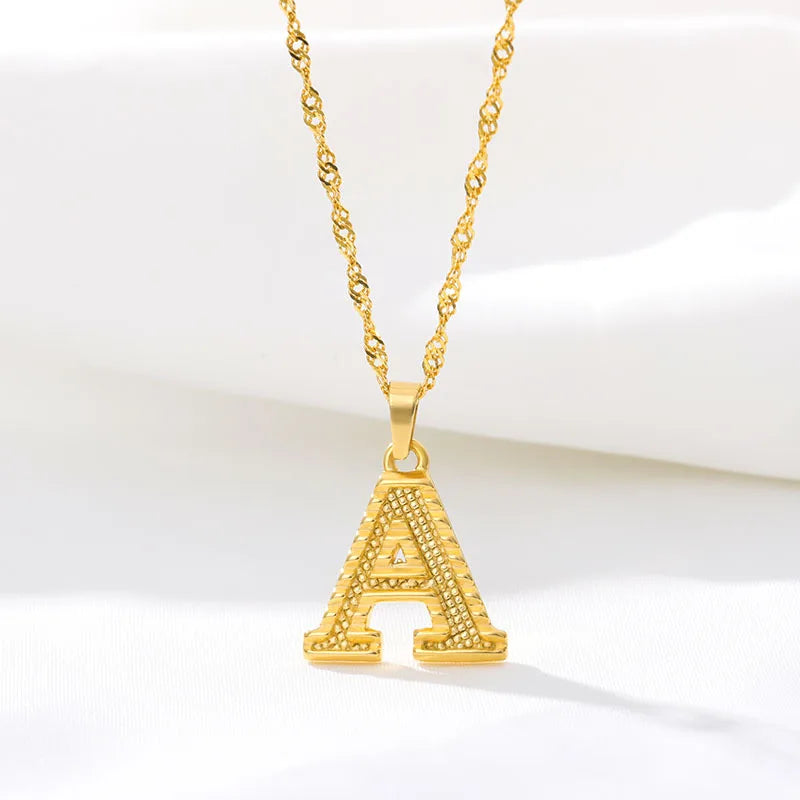 Fashion Gold Plated 26 Initial Letter Pendant Water Wave Chain Necklace For Women Men