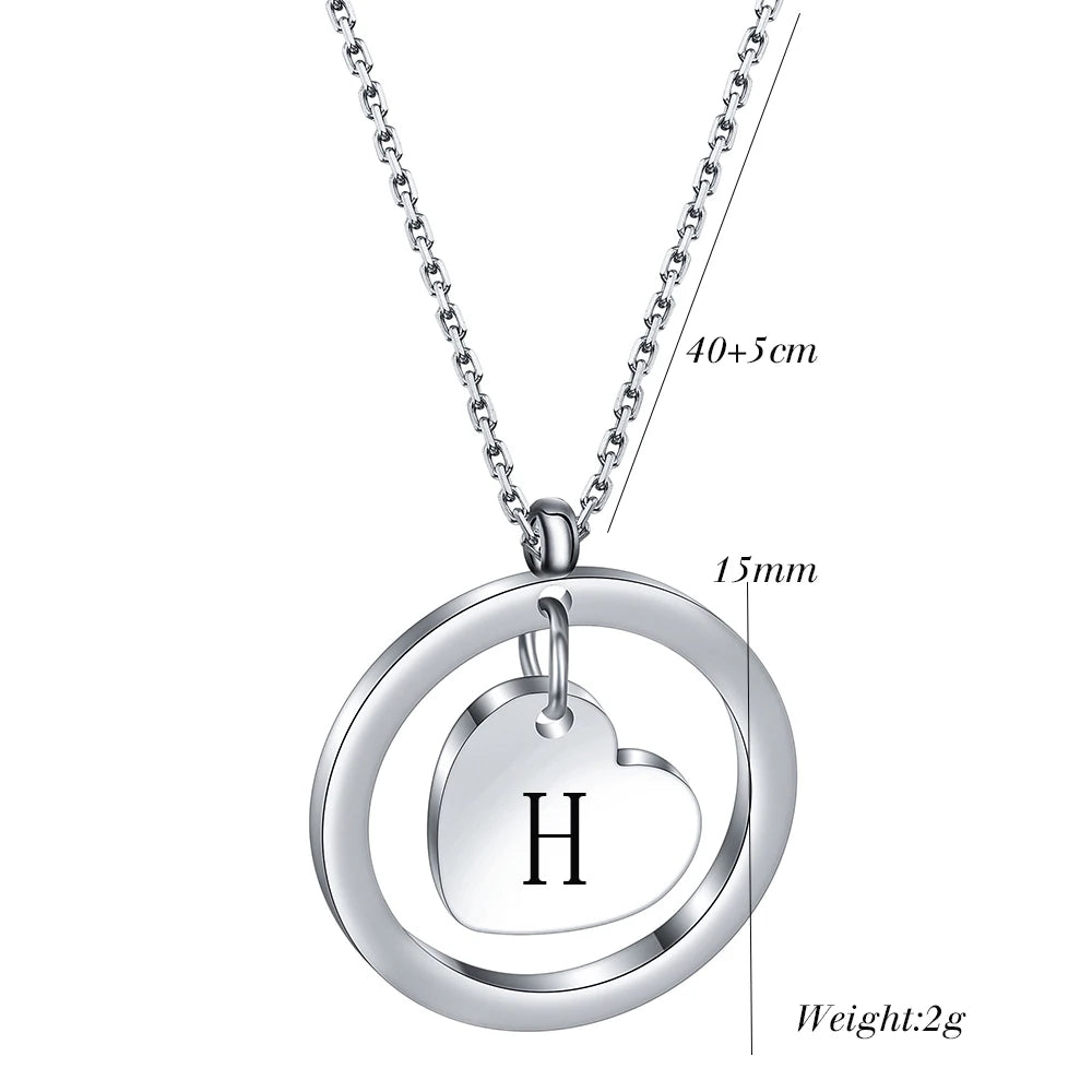 Stainless Steel Heart Initial Necklace Pendant with Black Letter Gift for Women Child Kids Necklace Jewelry