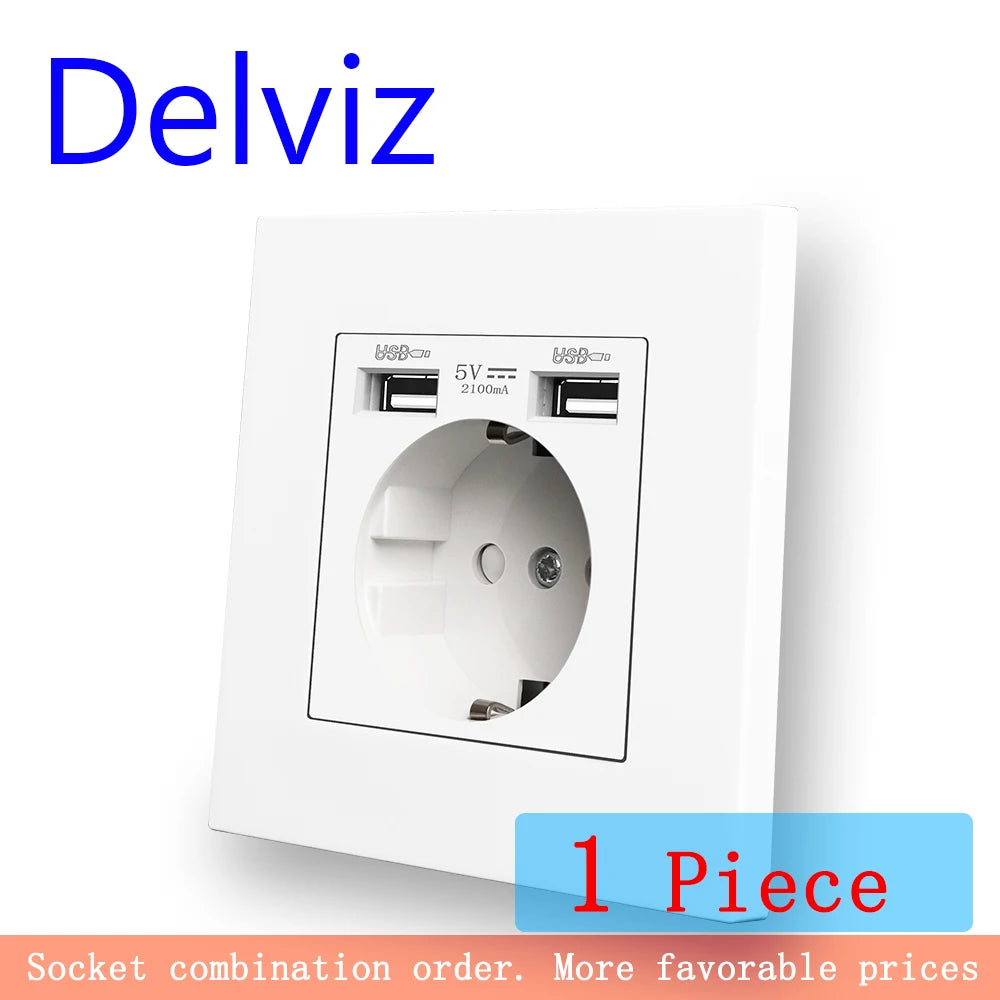 Delviz Dual USB charging Outlet, AC 110~250V Power Jack, White PC material panel, 2A USB interface, 16A EU Standard Wall Socket