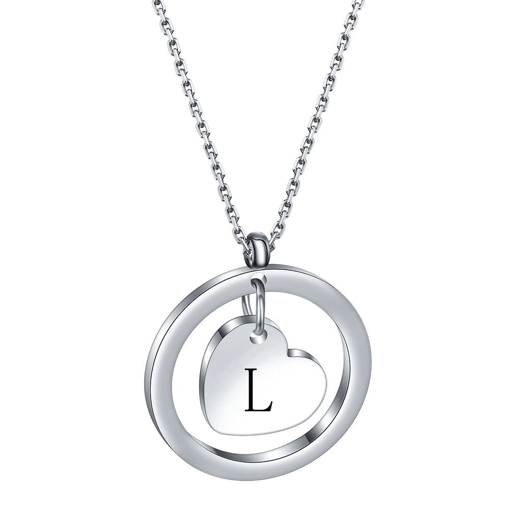 Stainless Steel Heart Initial Necklace Pendant with Black Letter Gift for Women Child Kids Necklace Jewelry