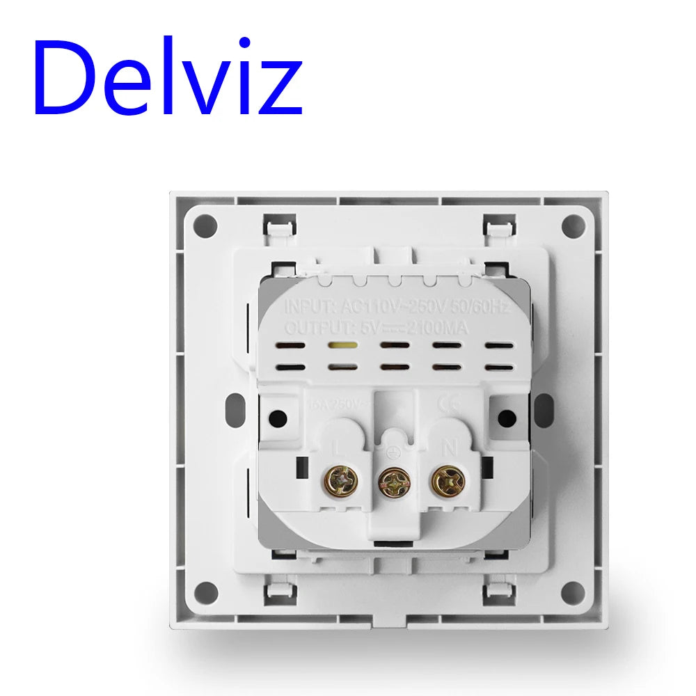 Delviz Dual USB charging Outlet, AC 110~250V Power Jack, White PC material panel, 2A USB interface, 16A EU Standard Wall Socket