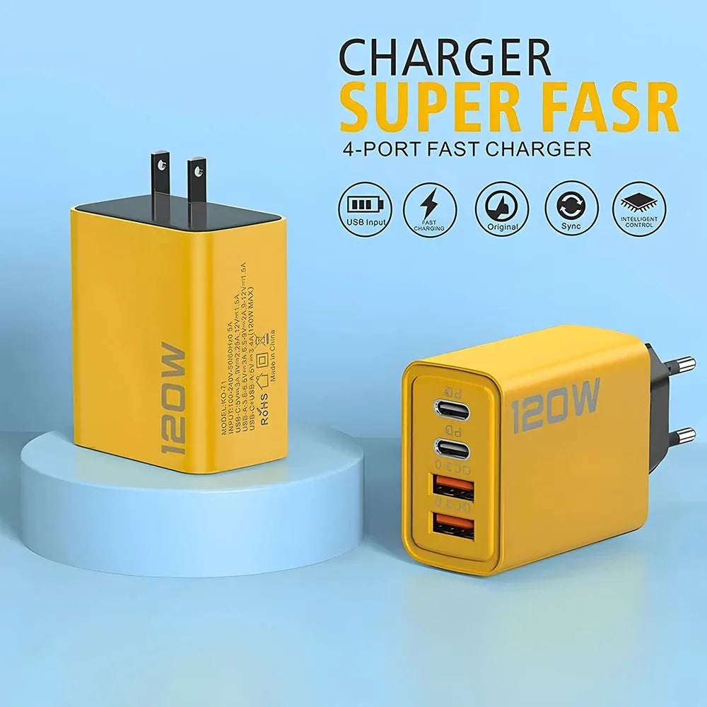 120W USB Fast Charger Quick Charge 3.0 Type C Mobile Phone Charger Adapter For iPhone Samsung Xiaomi EU/US/UK Plug Wall Charger