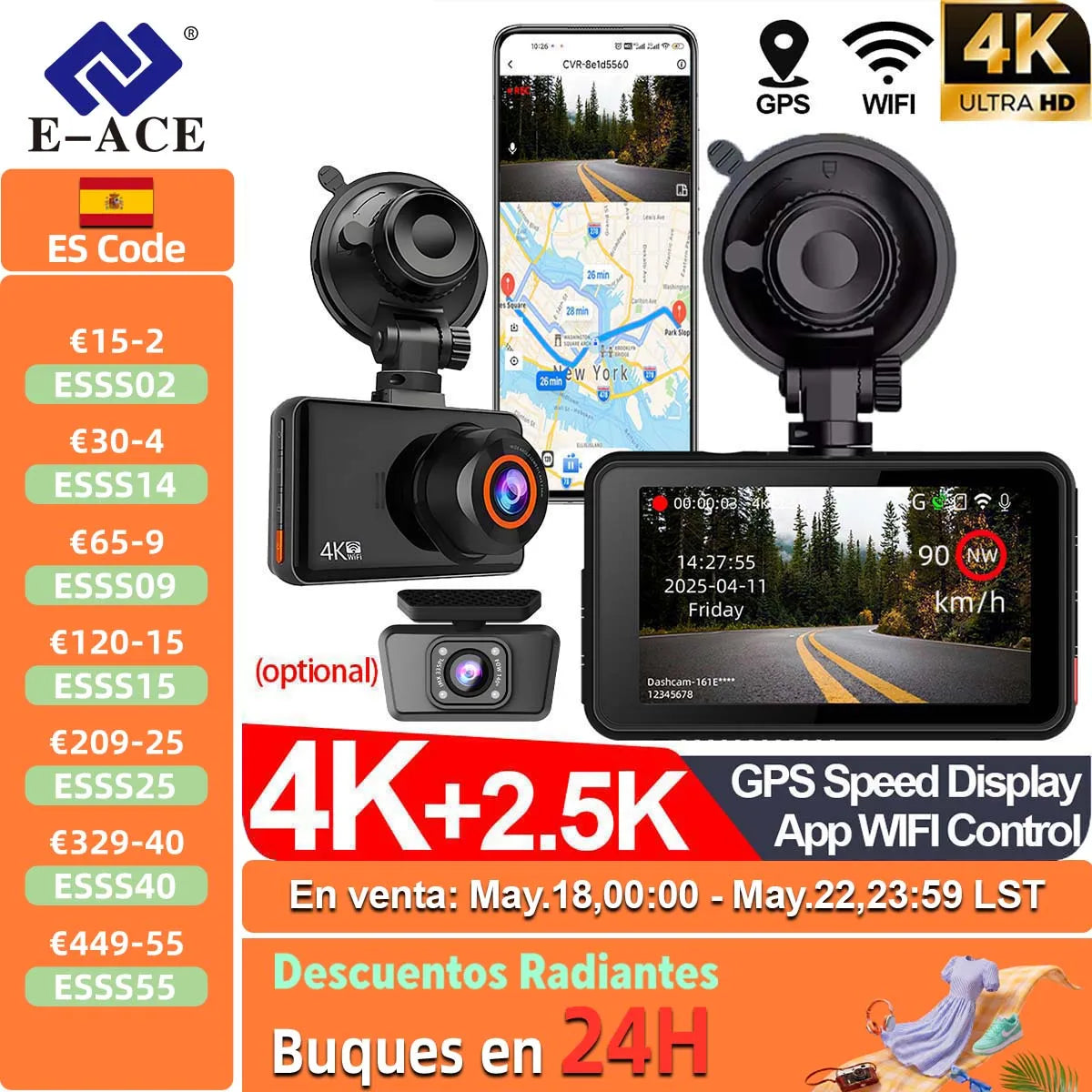 E-ACE Dash Cam 4K+2.5K Dual Channel Car Dvr Support WIFI GPS Speed Display 24h Parking Loop Record Night Vision Black Box