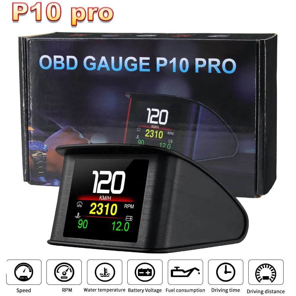 P10 Pro Head Up Display On-board Computer Car Digital OBD2 Mileage OBD Driving Computer Display Speedometer Temperature Gauge