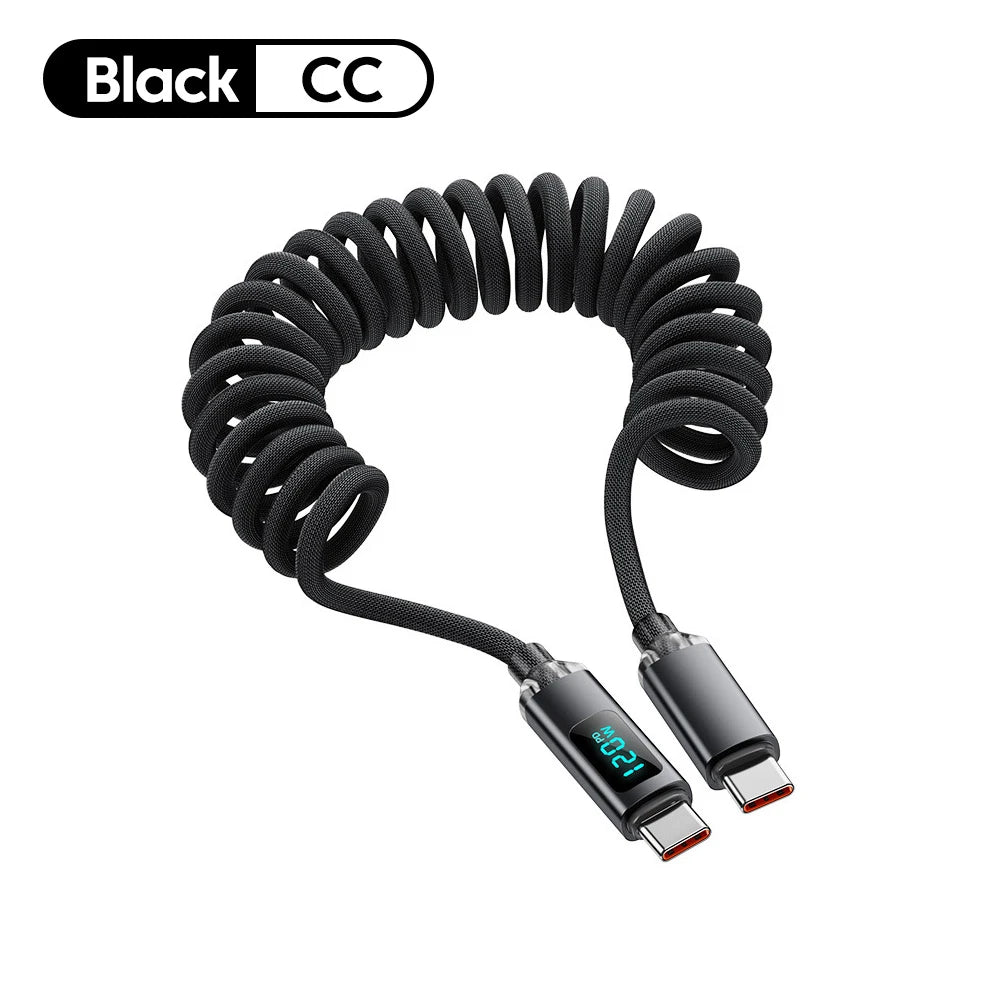 120W Car Retractable Cable Digital Display Spring USB A Type C To Type C Cable For Samsung iPhone 16 Fast Charging Charger Cable