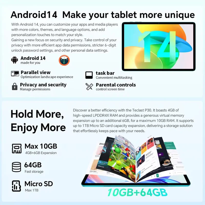 Teclast P30 Android 14 Tablet 10.1 Inch Ips Max 10Gb Ram 64Gb Rom A523 Octa-Core Tüv Rheinland Certification Wifi 6 Tablets