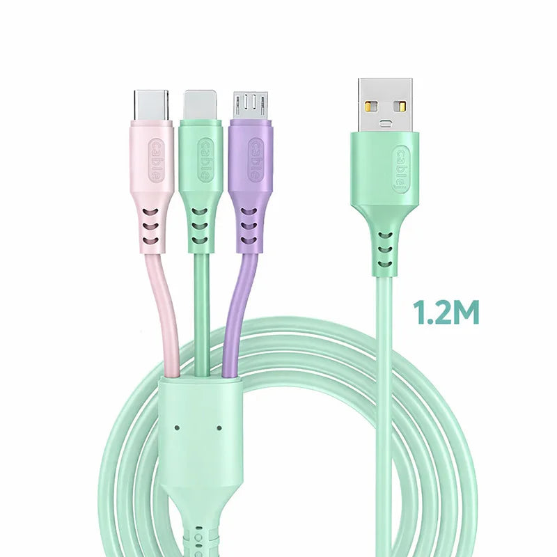 3-in-1 USB Cable 6A Fast Charging & Data Sync for iPhone, Xiaomi, Huawei, Vivo, Type-C, Micro Cord, High-Speed Charger Cable