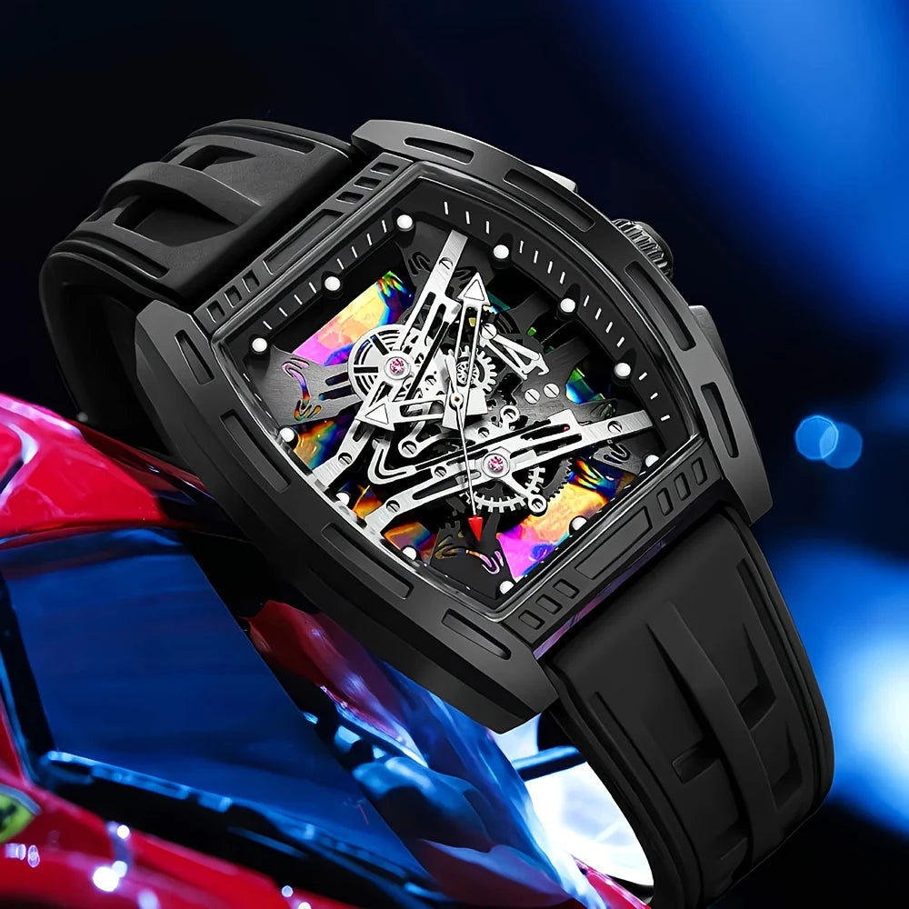 Men's and Women's Youth Barrel-Shaped Hollow Mechanical Quartz Watch, Trendy and Fashionable Colorful Dial, Silicone Strap, Casual Business Quartz Watch