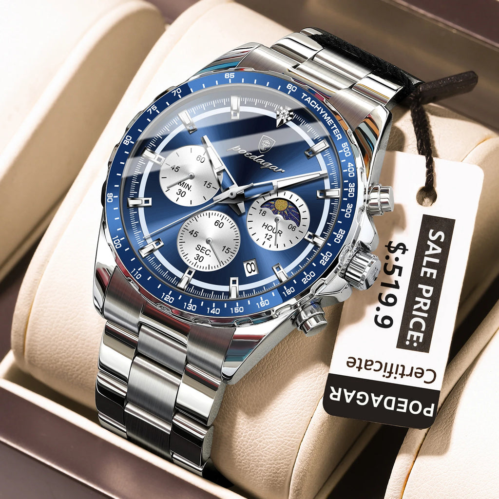 POEDAGAR Luxury Sport Watch For Men Waterproof Luminous Date Chronograph Man Wristwatch Stainless Steel Men's Quartz Watches+Box
