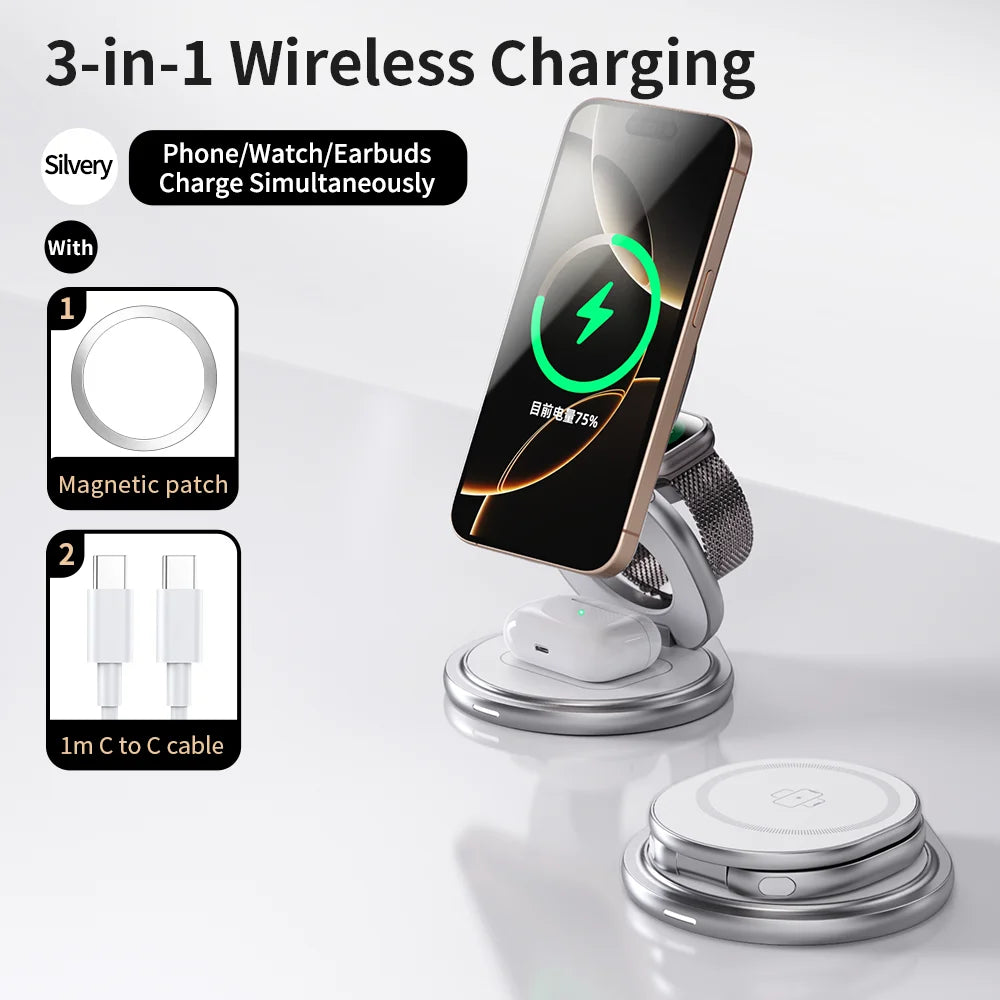 3 In 1 Magnetic Wireless Charger Fast Charging Station 360° Rotation Foldable Phone stand for iPhone 12-16 Pro Max Watch Airpods