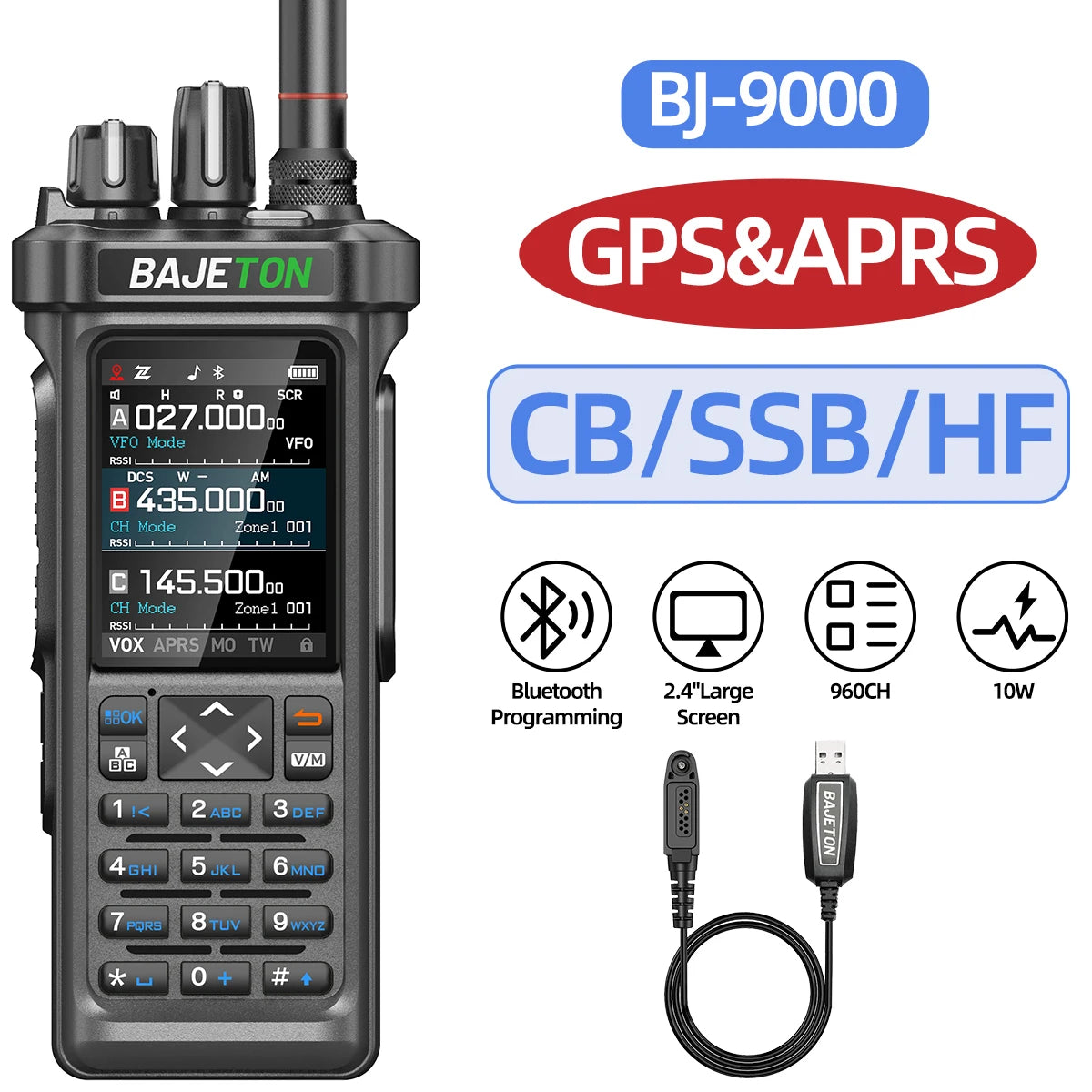 BAJETON BJ-9000 GPS APRS Walkie Talkie 10W CB 27Mhz CB/SSB/HF Bluetooth Programming NOAA ShortWave For RT-950PRO RT-950 Radio