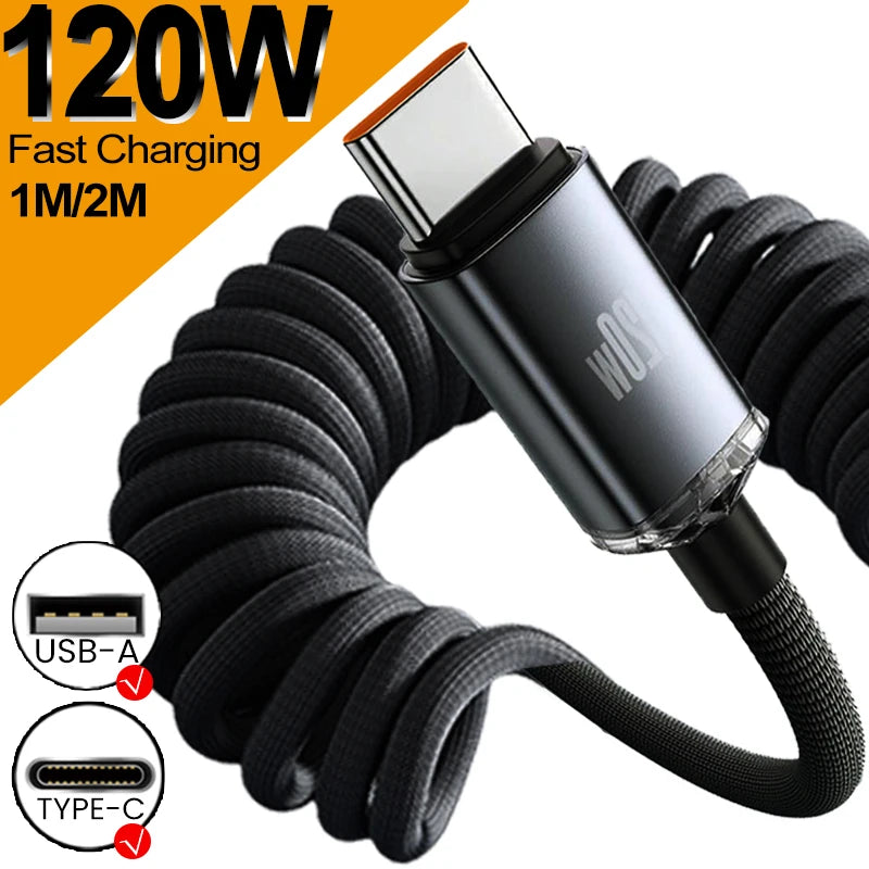 120W Retractable USB A To Type C Cable High-speed Quick Charging Data Line Sturdy Nylon Coiled USB C Wire for Carplay Mi Android