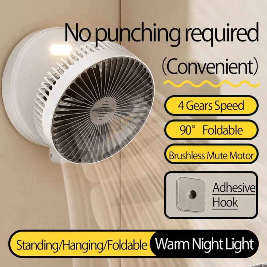 Foldable Desktop Fan Mini  Wall-Mounted Fan With Warm Night Light Rechargeable 4 Gears Adjustable Portable Air Circulation Fan