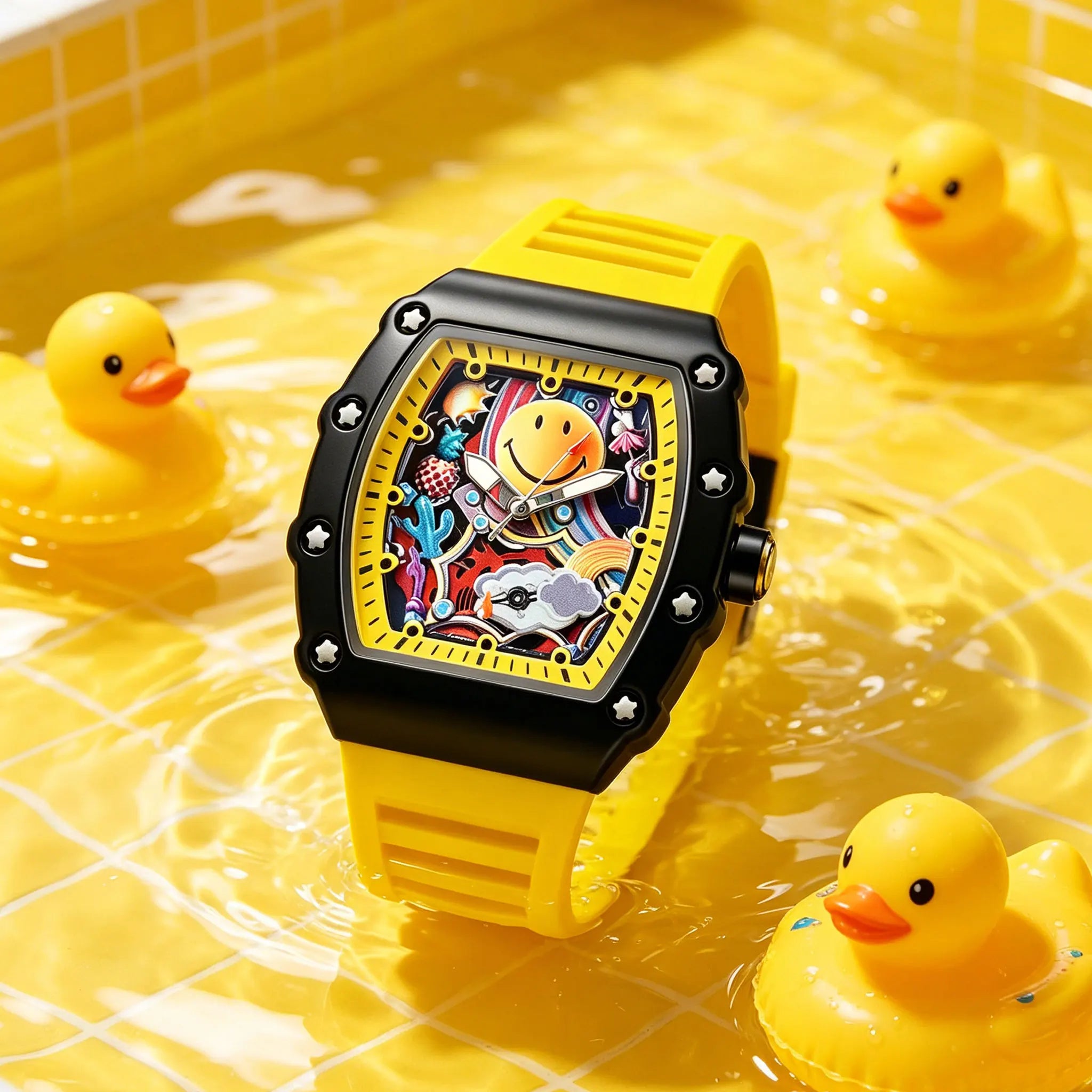 Graffiti Art Smile Face Watch Unique Barrel Shaped Quartz Wristwatch Waterproof Hip Hop Style Silicone Band Clock for Unisex