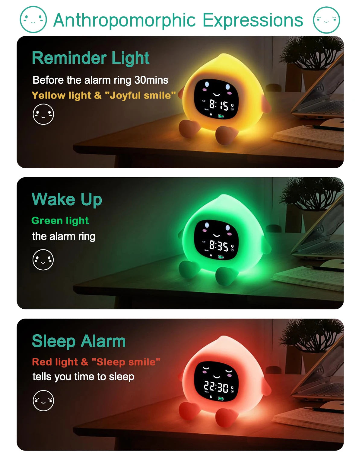 ORIA Kids Alarm Clock Sleep Training Alarm Clock Wake Up Rechargeable Clock with 9 Color Night Light&Child Lock Clocks For Home