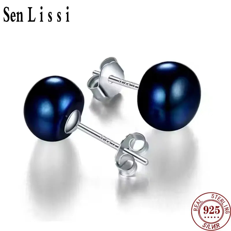 Senlissi- Genuine Fresh Water Pearl Stud Earrings For Women 8 MM White Pink Pearls 925 Sterling Silver 18K Female Party Jewelry