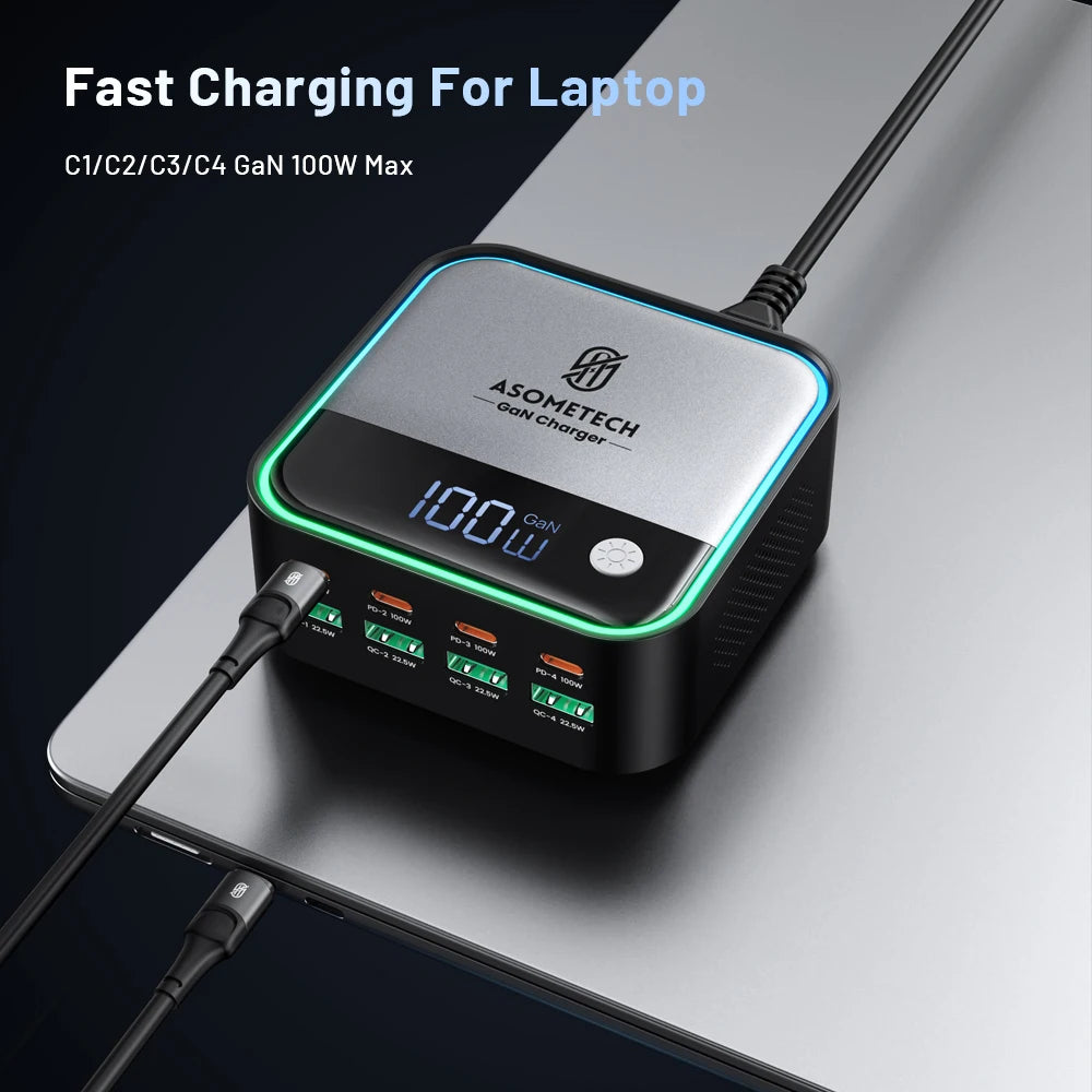 GaN USB C Charger 8 Port Mini Desktop Charger Ambient Lighting Display 4 X 100W PD PPS Fast Charger For Laptop iPhone 15 Samsung