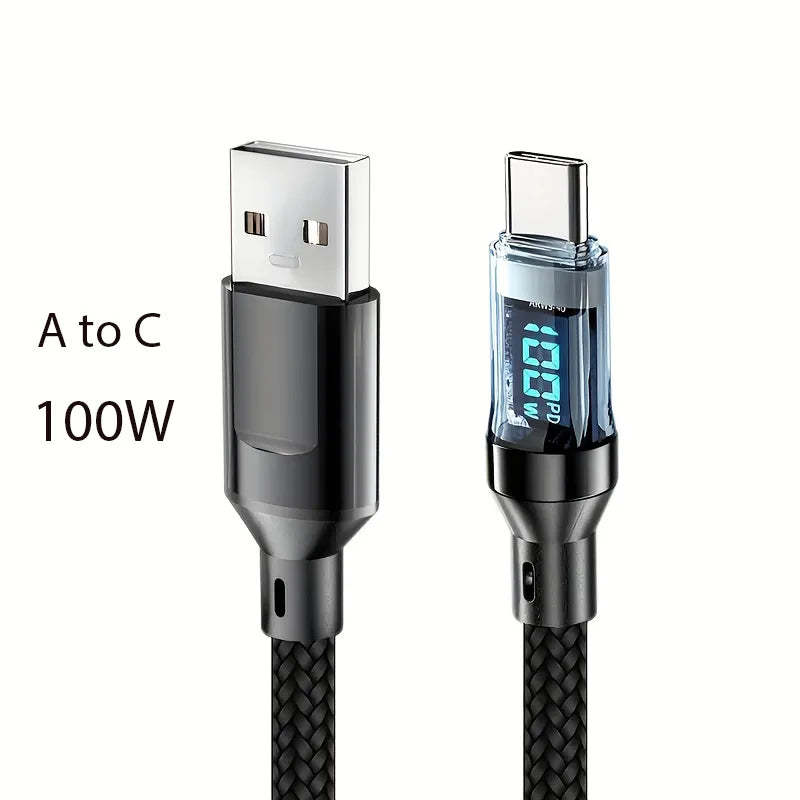 100W 120W USB C Cable Fast Charging Cord with LED Display, USB A to C & C to C Charger Cable High Speed Type C Cable for Phone